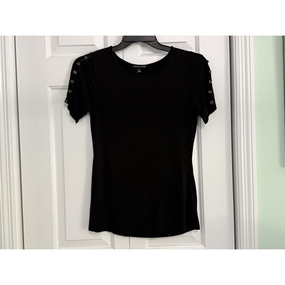 Cable & Gauge Black Buttons Accent Short Sleeve Round Neck Blouse S Women